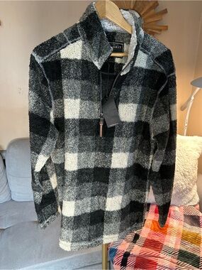 True Grit Black and White Buffalo Plaid Sherpa Half Quarter Zip Pullover